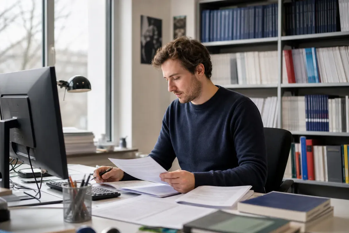 Doktorand arbeitet als wissenschaftlicher Mitarbeiter im Universitätsbüro an Forschungsunterlagen