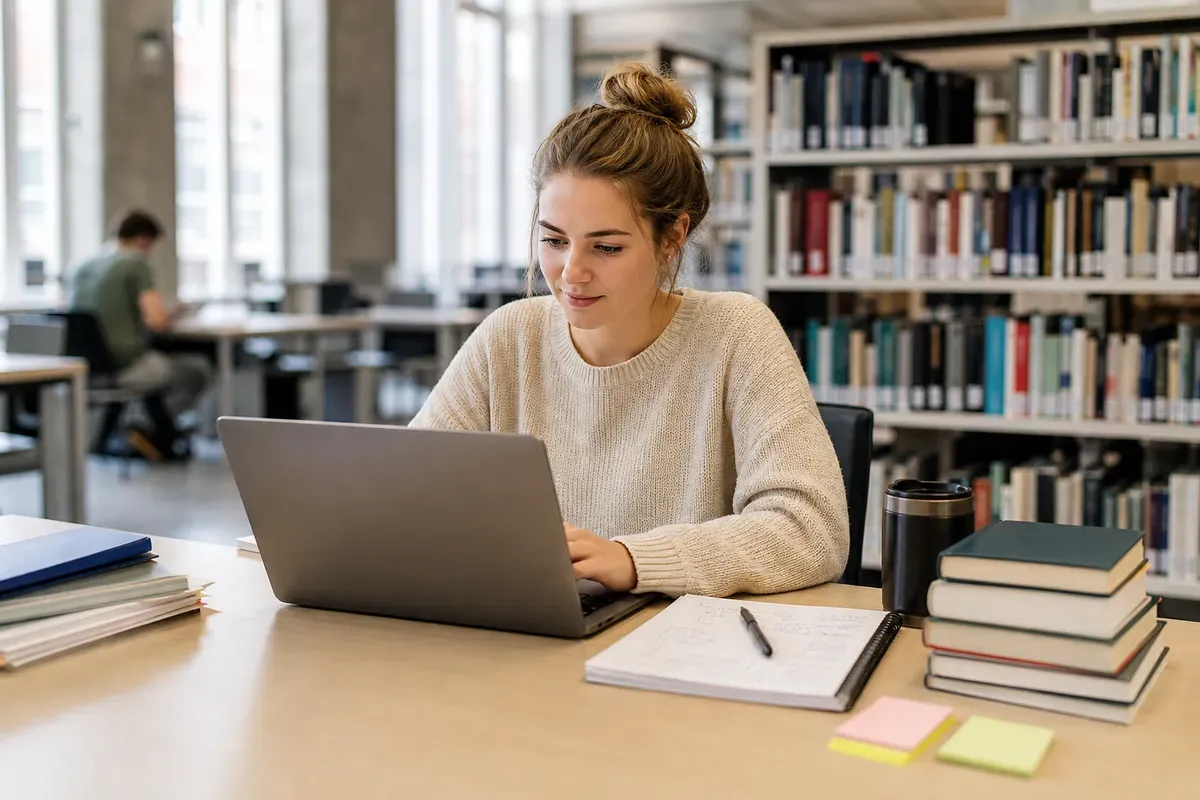 Stipendiatin recherchiert Förderprogramme für die Promotion am Laptop in der Bibliothek