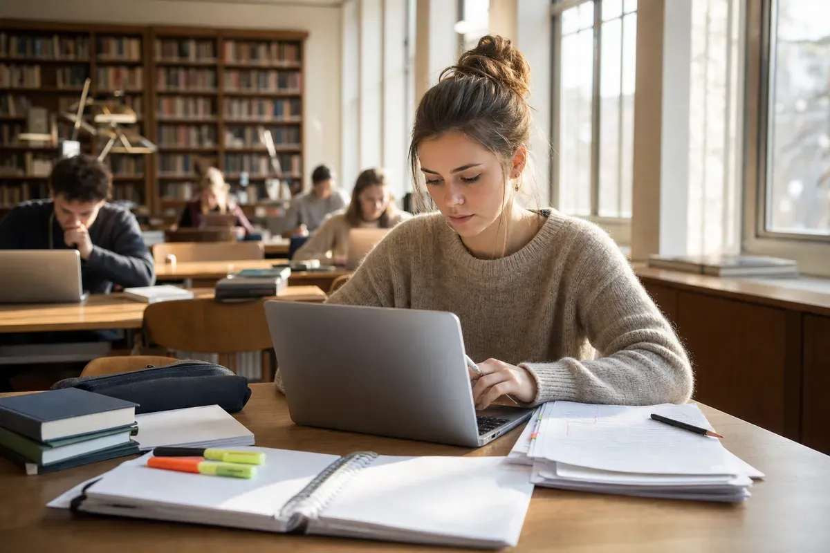 Studentin überarbeitet den Sprachstil ihrer wissenschaftlichen Arbeit am Laptop in der Universitätsbibliothek